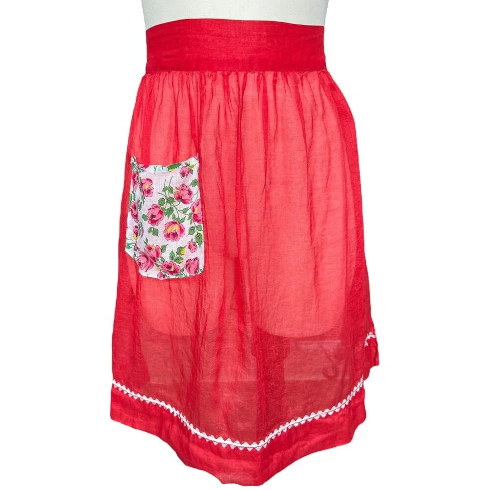 Vintage Hostess Half Apron Nylon Sheer w Floral Pocket & Ric Rac Trim‎ Handmade